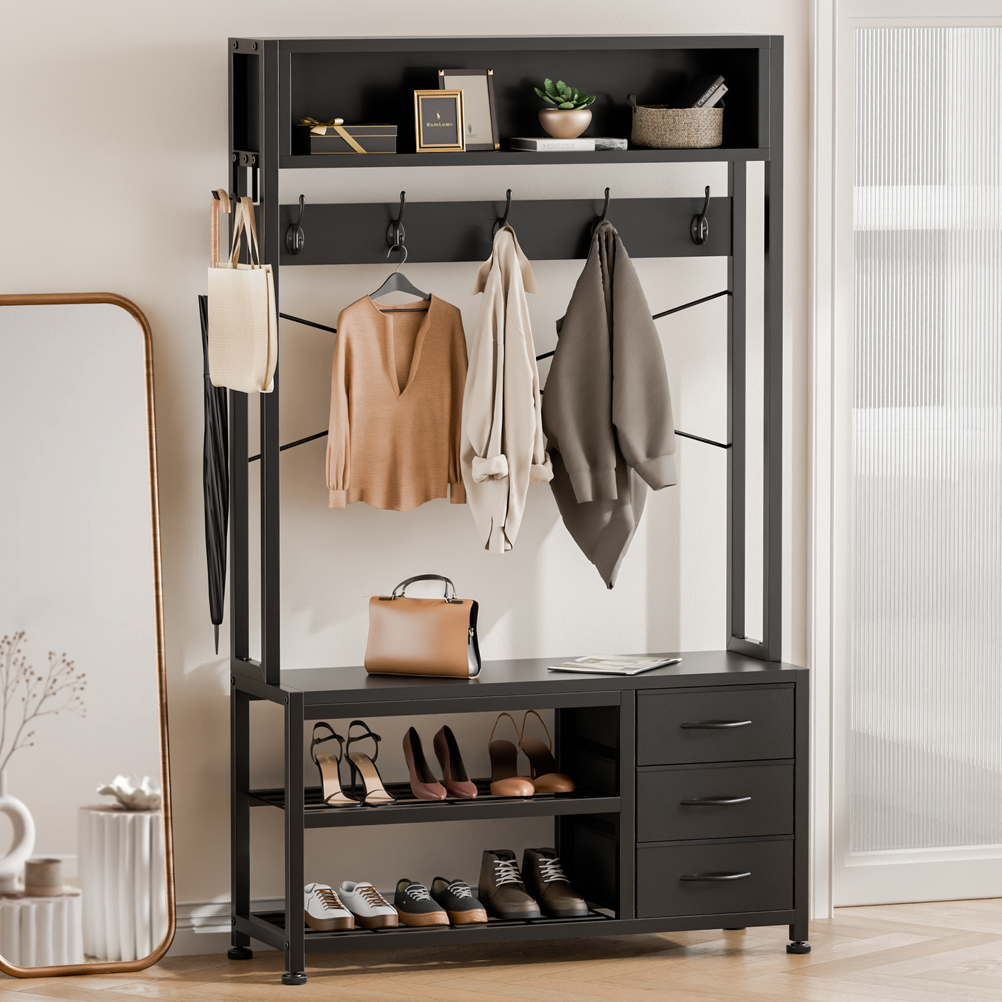 GIKPAL 5 in 1 Hall Tree, Entryway Bench with Coat Hooks Industrial Entryway Bench with 7 Hooks 3 Drawers and Top Storage Shelf, for Hallway or Living Room, Black