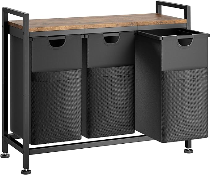 GIKPAL Laundry Basket, 142L Large Double, Freestanding Laundry Hamper 3 Section with Top Shelf & 3 Removable Washable Bags & Side Pockets for Dorm