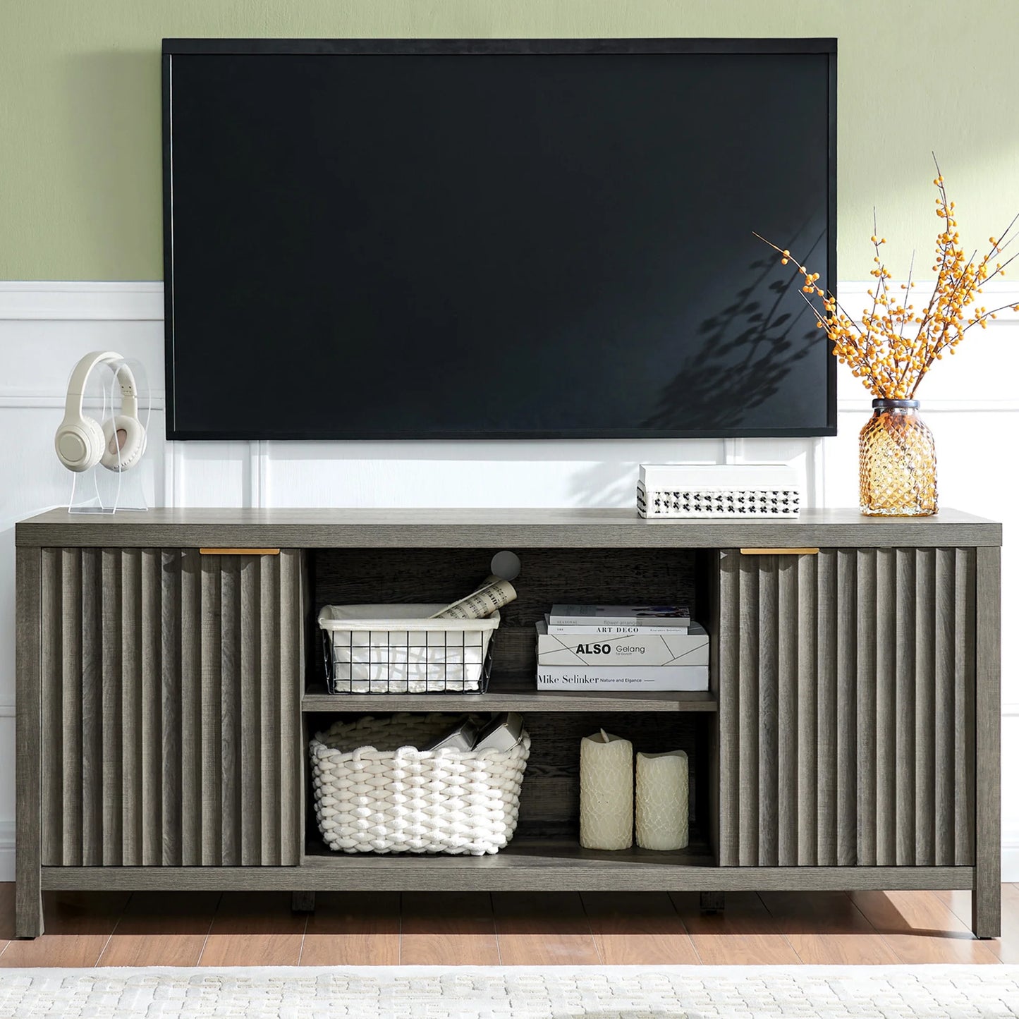 GIKPAL Fluted TV Stands for Living Room, LED Light Entertainment Center with Storage, Mid Century Modern Television Stands for 50-65 inch TV, Black