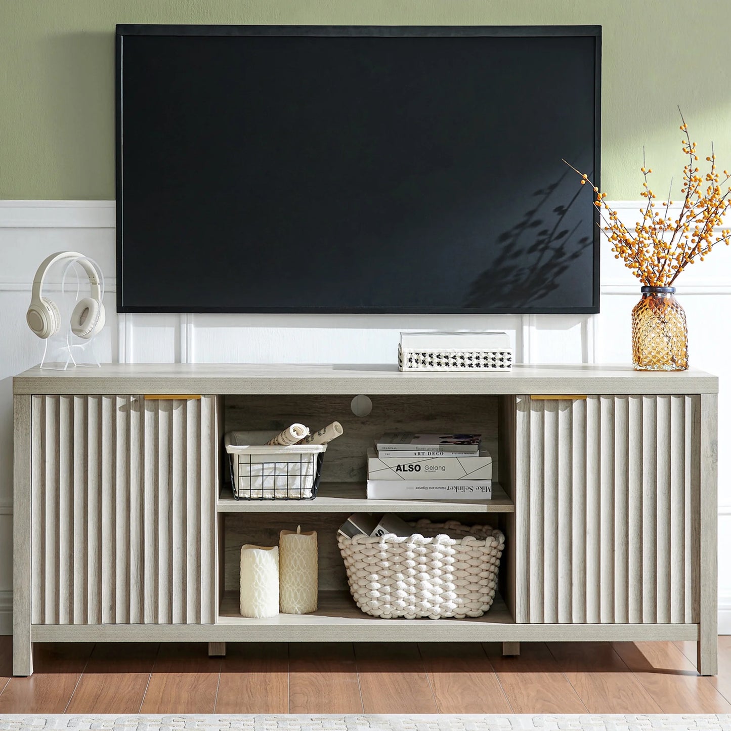 GIKPAL Fluted TV Stands for Living Room, LED Light Entertainment Center with Storage, Mid Century Modern Television Stands for 50-65 inch TV, White