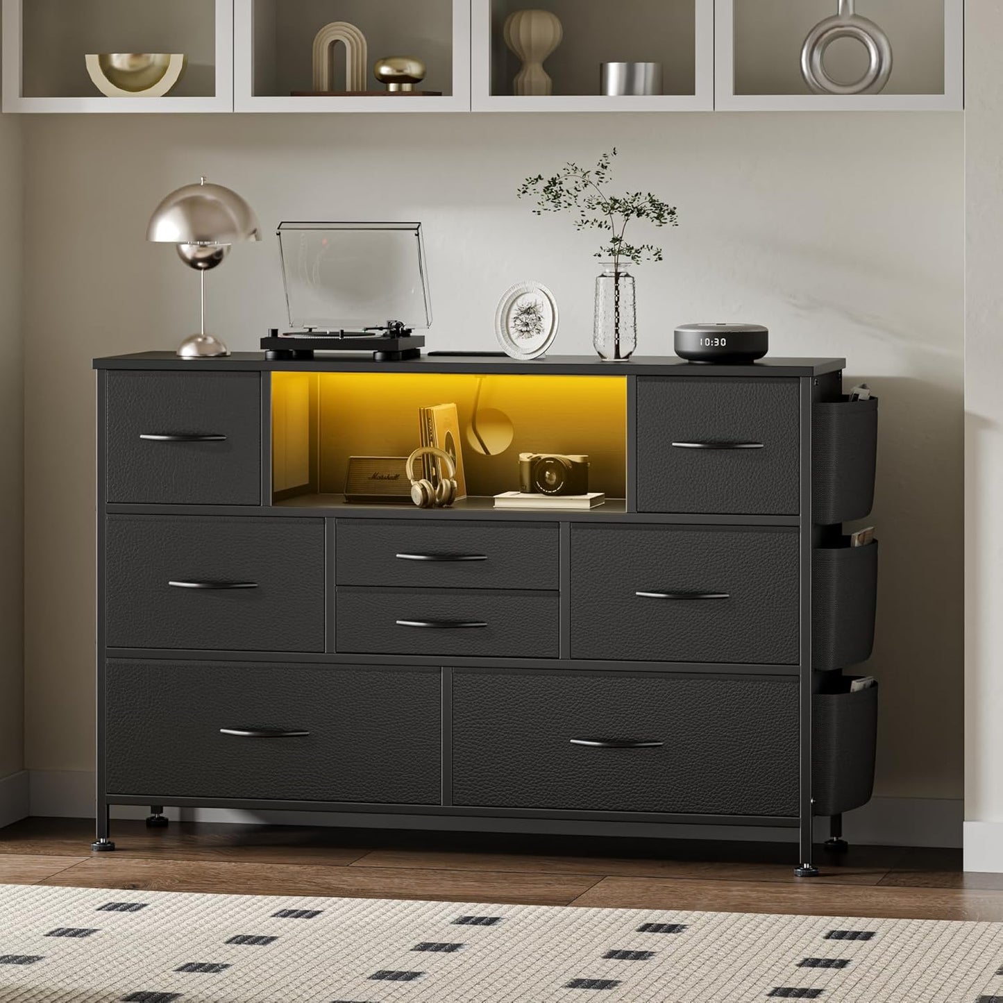 GIKPAL Dressers for Bedroom with LED Lights, Black Dresser TV Stand with 8 Drawers and Side Pockets, PU Fabric Chest of Drawers with Power Outlet & Sturdy Frame & Wood Top to 50" TV