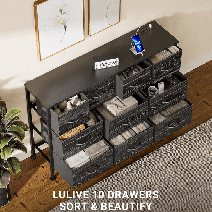 GIKPAL Dresser TV Stand, 10 Drawer Dressers for Bedroom with Power Outlet, Chest of Drawers for 55" Long TV, Fabric Dresser for Storage and Organization, Black Set of 2