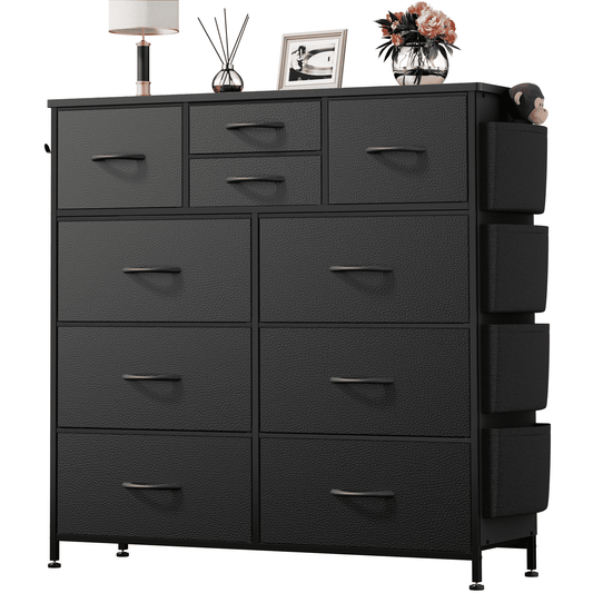 Aowos 10 Drawer Dresser, Black Dresser for Bedroom Chest of Drawers Leather Finish with 4 Side Pockets and 2 Hooks for Living Room