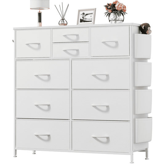 Aowos 10 Drawer Dresser, White Dresser for Bedroom Chest of Drawers Leather Finish with 4 Side Pockets and 2 Hooks for Living Room