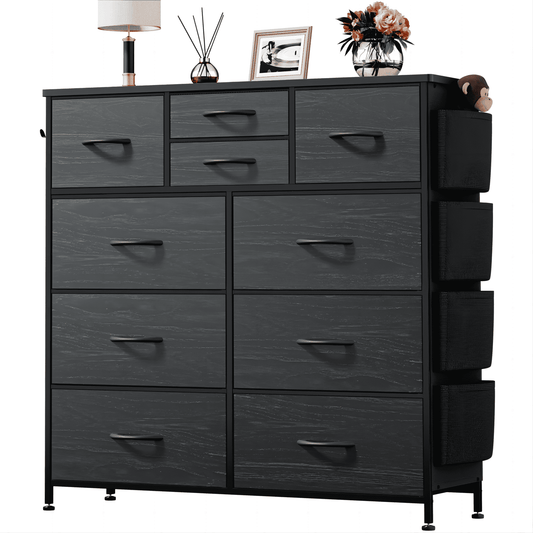 Aowos 10 Drawer Fabric Dresser for Bedroom, Chest of Drawers Organizer Storage Cabinet for Closet, Dressers with Side Pockets and Hooks for Entryway, Black