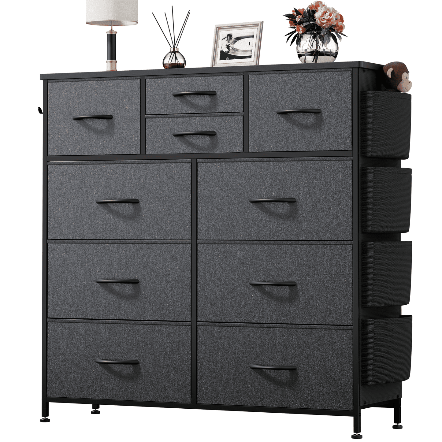 Aowos 10 Drawer Fabric Dresser for Bedroom, Chest of Drawers Organizer Storage Cabinet for Closet, Dressers with Side Pockets and Hooks for Entryway, Gray