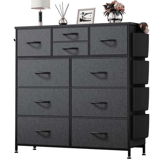 Aowos 10 Drawer Fabric Dresser for Bedroom, Chest of Drawers Organizer Storage Cabinet for Closet, Dressers with Side Pockets and Hooks for Entryway, Gray