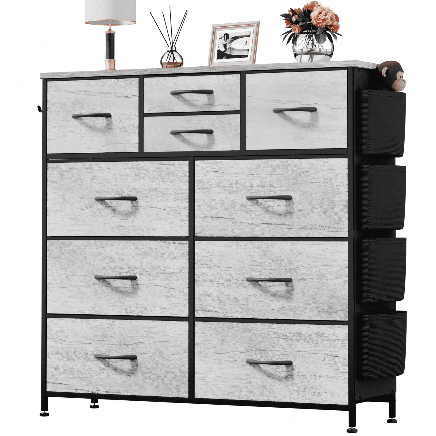 Aowos 10 Drawer Fabric Dresser for Bedroom, Chest of Drawers Organizer Storage Cabinet for Closet, Dressers with Side Pockets and Hooks for Entryway, Oak