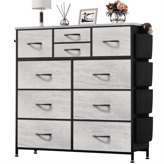 Aowos 10 Drawer Fabric Dresser for Bedroom, Chest of Drawers Organizer Storage Cabinet for Closet, Dressers with Side Pockets and Hooks for Entryway, Oak