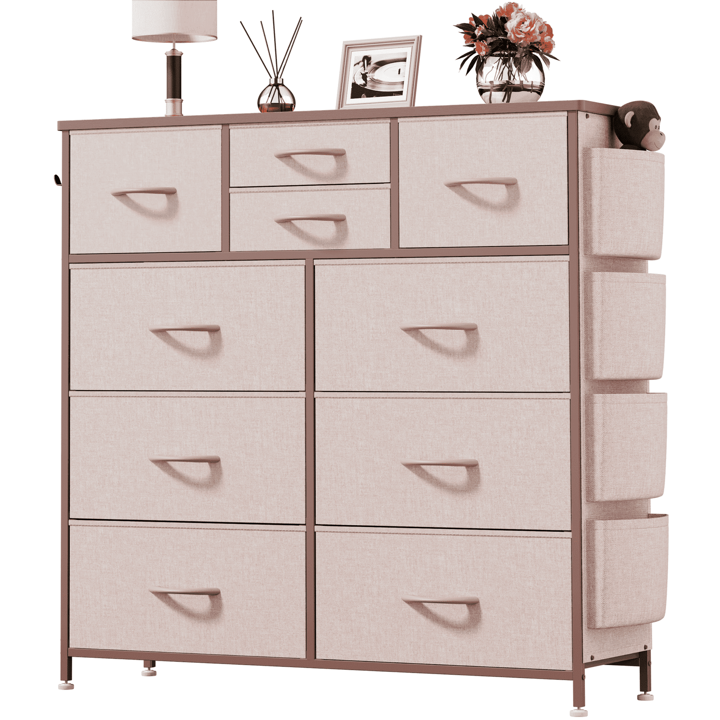 Aowos 10 Drawer Fabric Dresser for Bedroom, Chest of Drawers Organizer Storage Cabinet for Closet, Dressers with Side Pockets and Hooks for Entryway, Pink
