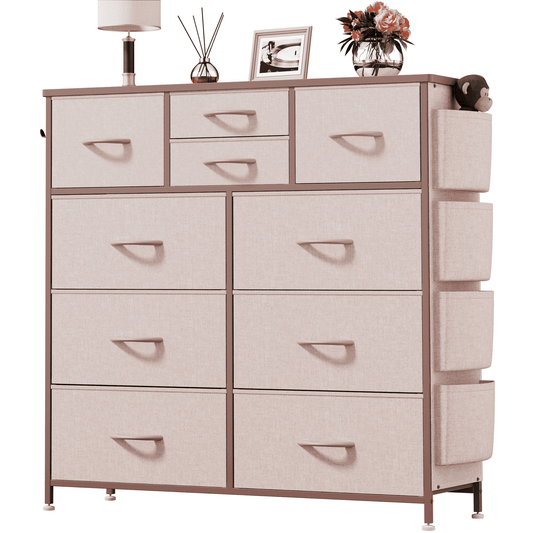 Aowos 10 Drawer Fabric Dresser for Bedroom, Chest of Drawers Organizer Storage Cabinet for Closet, Dressers with Side Pockets and Hooks for Entryway, Pink