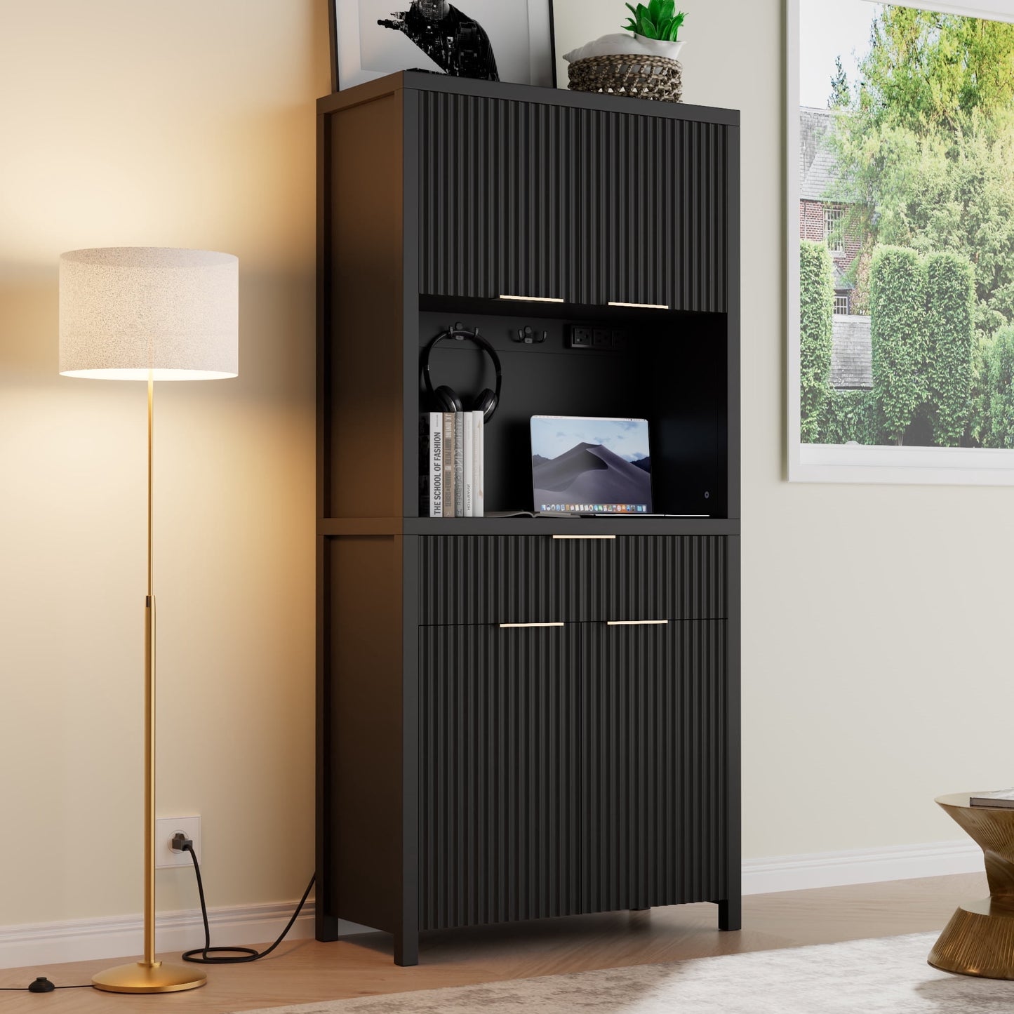 GIKPAL Pantry Cabinet with Charging Station, Fluted Kitchen Pantry Storage Cabinet with Shelves and Drawer, Boho Kitchen Hutch with Microwave Stand for Dining Living Room, Black