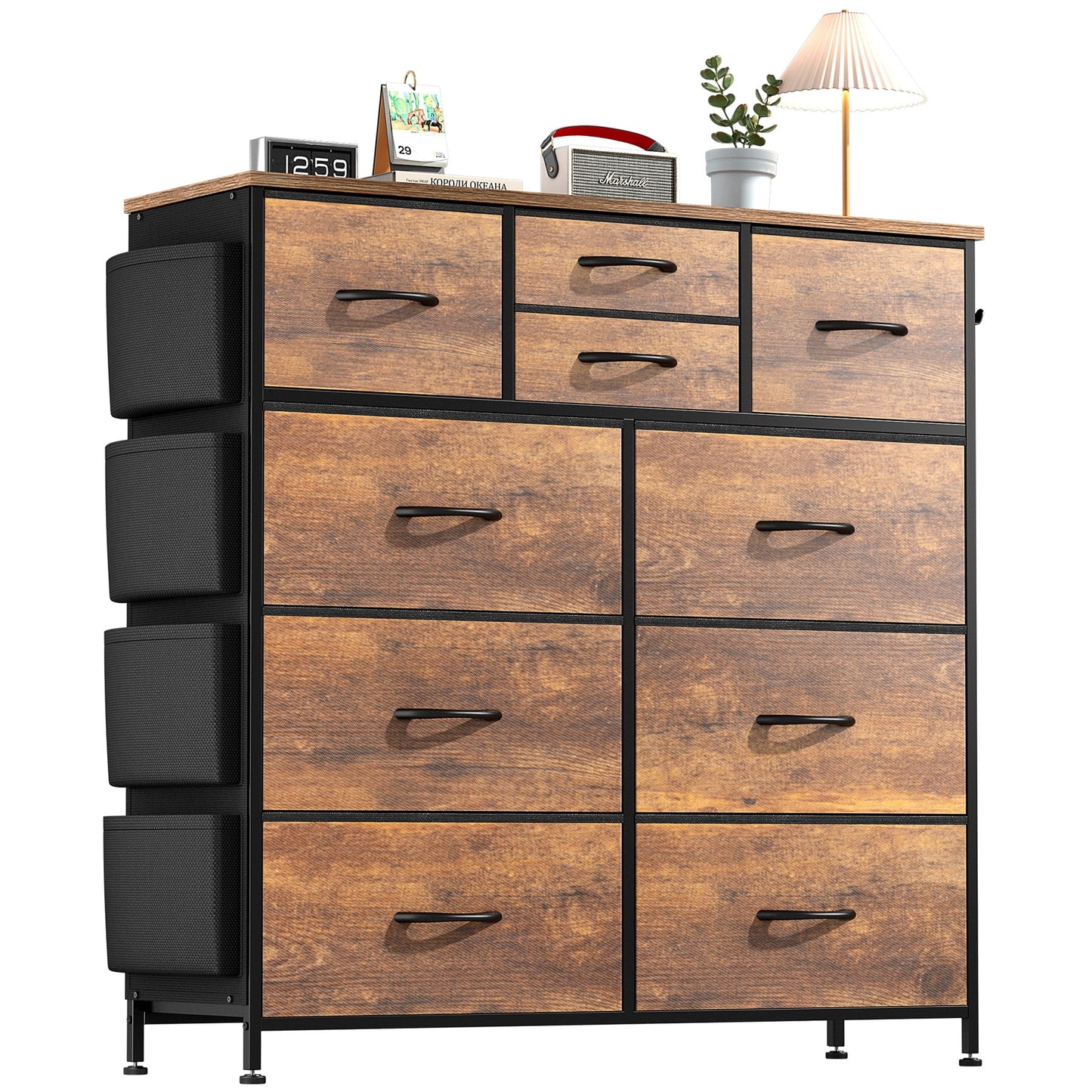 Aowos 10 Drawer Dresser, Chest of Drawers Dressers for Bedroom with 4 Side Pockets and 2 Hooks, Rustic Brown