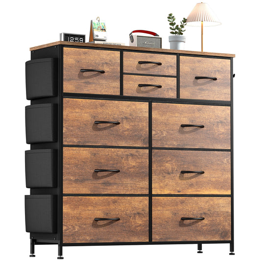 Aowos 10 Drawer Dresser, Chest of Drawers Dressers for Bedroom with 4 Side Pockets and 2 Hooks, Rustic Brown