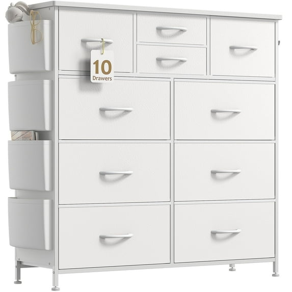 Aowos 10 Fabric Drawer Dresser for Bedroom Chest of Drawers with Wooden Top, White