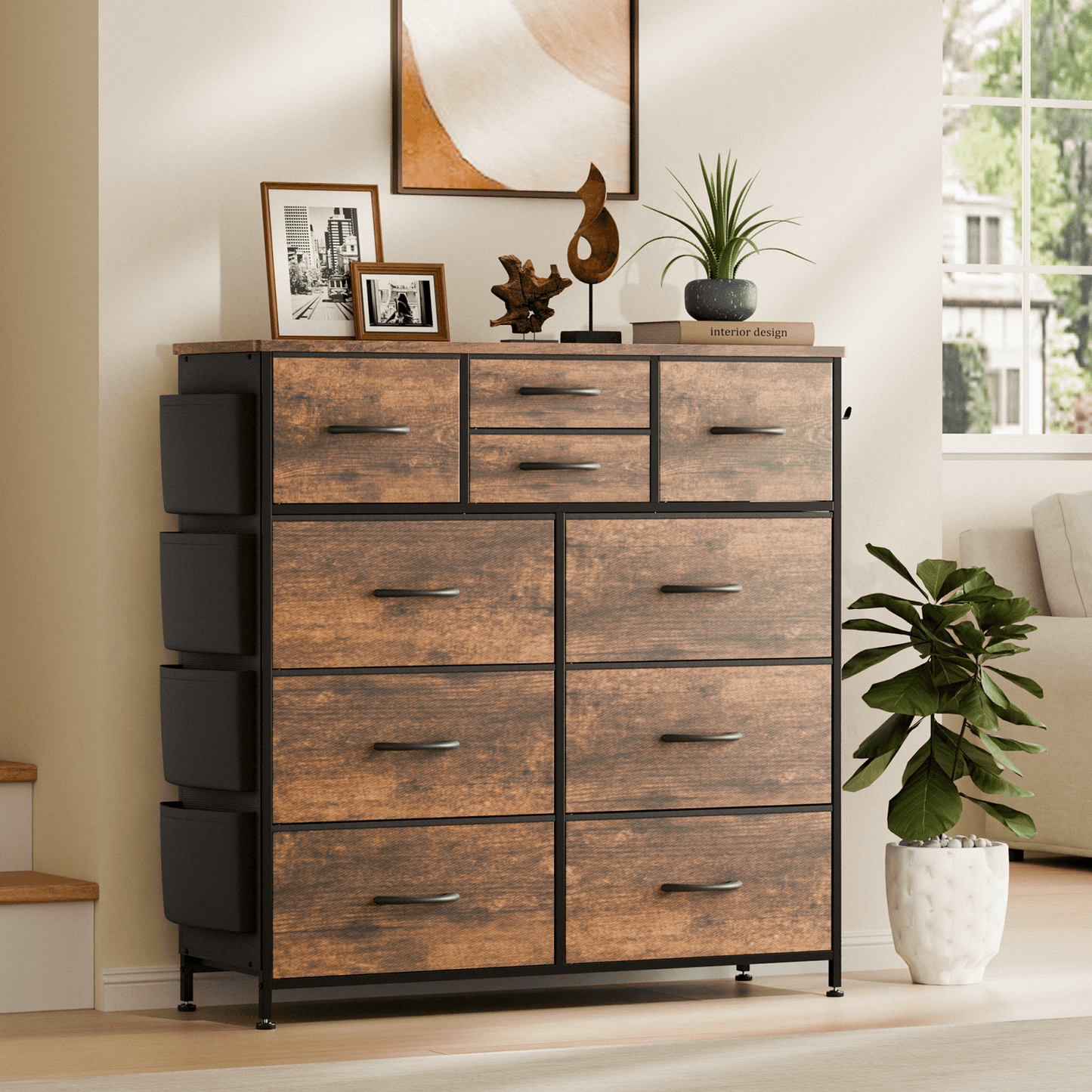 GIKPAL 10 Drawer Fabric Dresser for Bedroom, Chest of Drawers Dressers with Side Pocket and Hook Organizer Storage Dressers for Living Room,, Brown