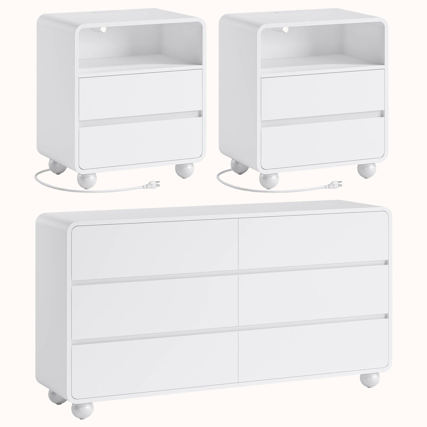 GIKPAL 3-Piece Dresser and Nightstand Sets for Bedroom, Includes 6 Drawer Dresser, Nightstand Set of 2 with Charging Station, Modern Bedroom Furniture Set, White