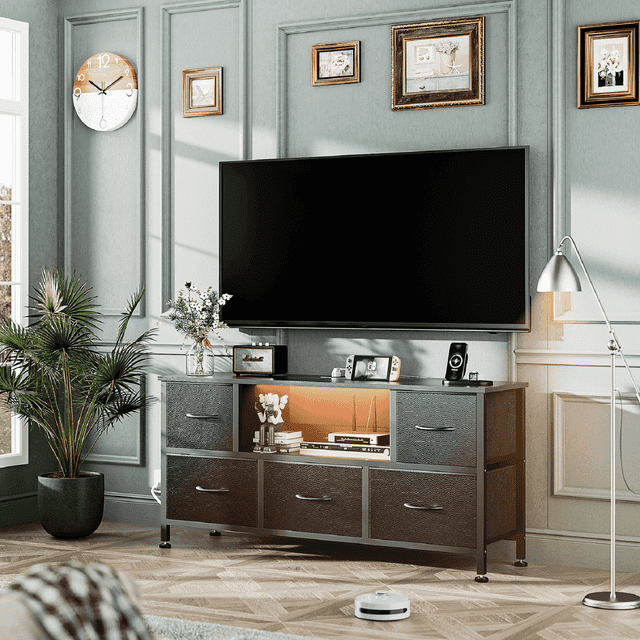 GIKPAL Fits 50" TV Stand Dresser for 45" 50" TV Dresser with 5Drawers TV Stand for Bedroom with LED Lights & Power Outlets Black Dresser for Bedroom Long Dresser with PU Finish Entertainment Center