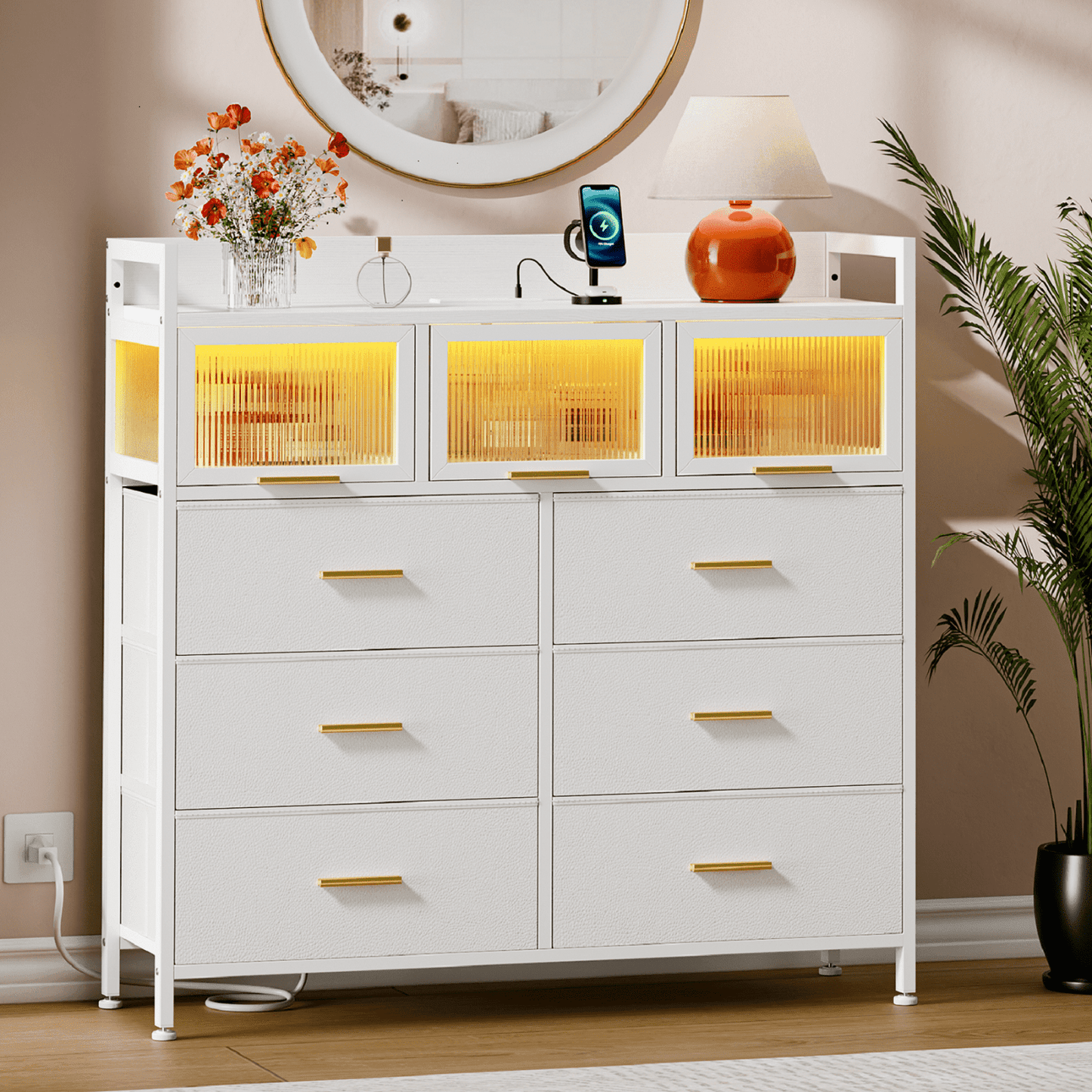 GIKPAL 6 Drawers Dresser for Bedroom, White Dresser with LED Lights and Charging Station, Modern Dressers Chest of Drawers with 3 Visual Drawers for Living Room
