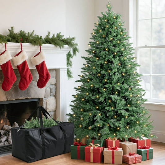 GIKPAL 6FT Pre-Lit Artificial Christmas Tree w/ 400 Warm White LED Lights & 2085 Realistic Tips, Xmas Trees with Hinged Design & Storage Bag, Green