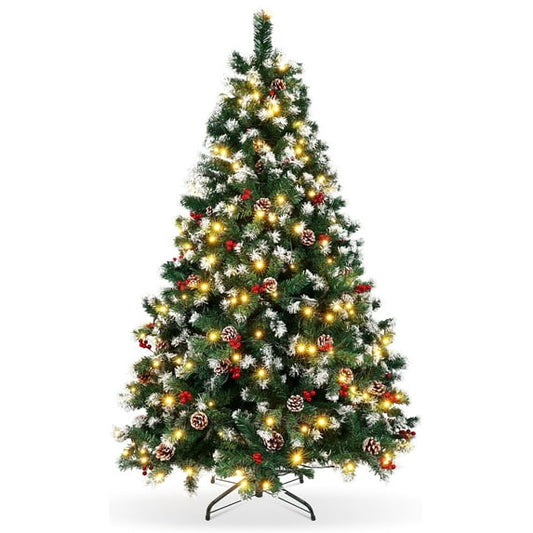 GIKPAL 6ft Pre-lit Artificial Christmas Tree w/800 Tips,Hinged Xmas Tree with 250 LED Lights, 54 Pines & 54 Red Berries Holiday Decoration for Home,Office, Party