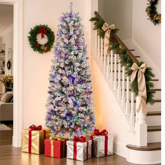GIKPAL 6ft Pre-Lit Snow Flocked Slim Pencil Christmas Tree, 250 Multicolor LED Lights & Sturdy Metal Stand