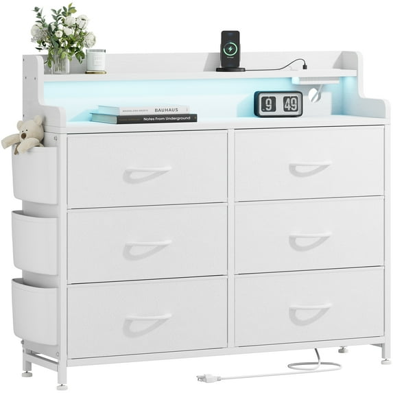 GIKPAL White Dresser with LED Lights, 6 Drawer Fabric Dresser Wide Chest Of Drawers Nightstand With Side Pocket for Bedroom Living Room