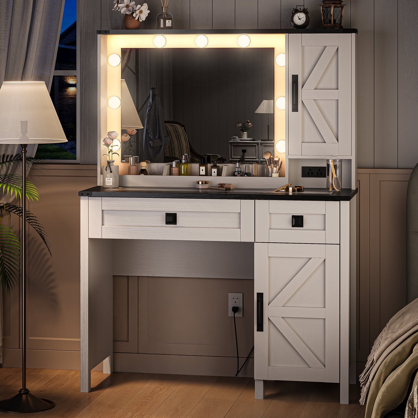 GIKPAL Vanity Set with Mirror & Lights, Get Ready Station Vanity with Storage Drawers & Glass Top, Farmhouse Vanity Desk with Power Strip, White