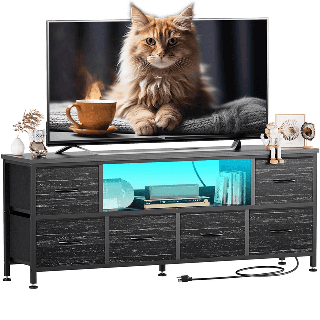 GIKPAL Fits 55" TV Stand Dresser for 50" 55" TV, Dresser TV Stand for Bedroom with 5 Drawers with LED Lights & Power Outlets Long Fabric Dresser Entertainment Center, Black