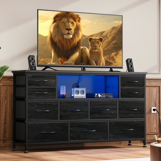 GIKPAL Dressers for Bedroom with LED Lights, Black Wide Dresser TV Stand with 11 Drawers, Fabric Chest of Drawers, Storage Organizer with Power Outlet