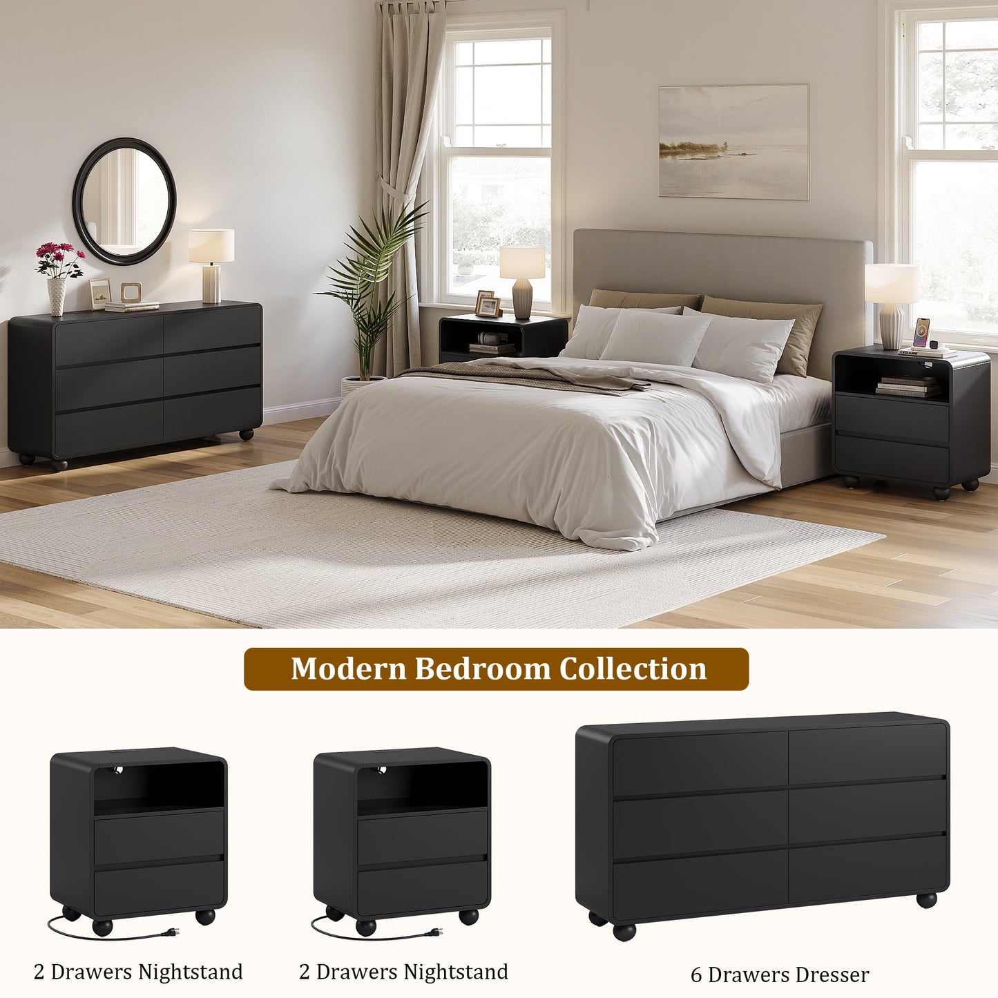 GIKPAL Dresser and Nightstand Sets for Bedroom, 3-Piece Bedroom Furniture Set, 6 Drawer Dresser with Modern Nightstand Set of 2, Charging Station, Black
