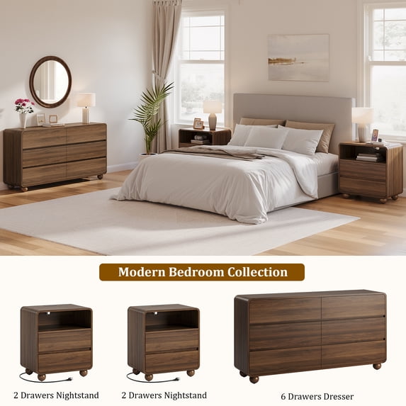 GIKPAL Dresser and Nightstand Sets for Bedroom, 3-Piece Bedroom Furniture Set, 6 Drawer Dresser with Modern Nightstand Set of 2, Charging Station, Walnut