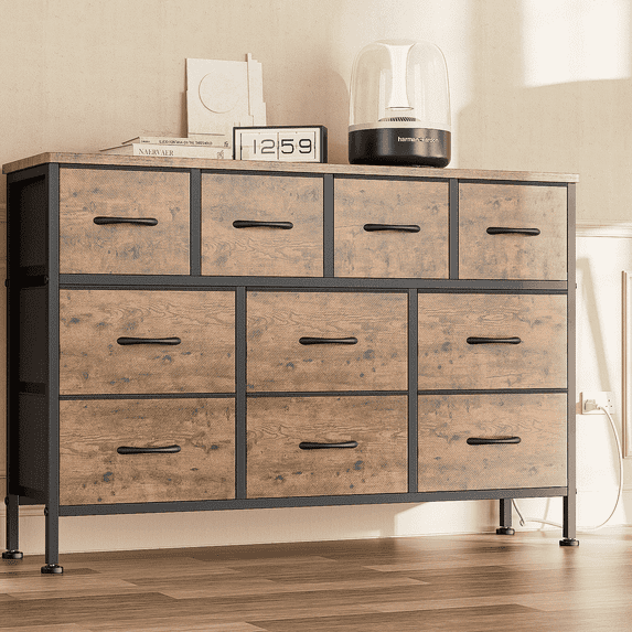 GIKPAL Dresser TV Stand, 10 Drawer Dresser for Bedroom with Power Outlet, Chest of Drawers for 55" Long TV, Fabric Dresser for Storage and Organization, Brown