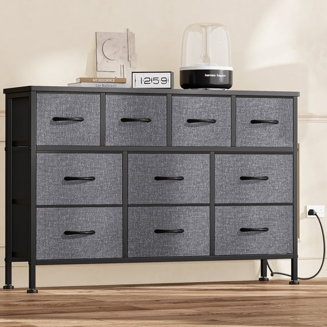 GIKPAL Dresser TV Stand, 10 Drawer Dresser for Bedroom with Power Outlet, Chest of Drawers for 55" Long TV, PU Dresser for Storage and Organization, Gray
