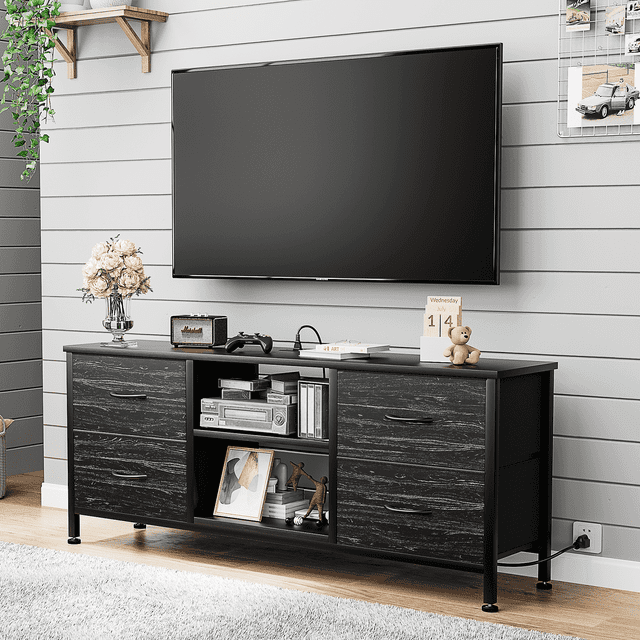 GIKPAL Dresser TV Stand, 4 Drawers Black Dressers for Bedroom TV Stand with Charging Station for 50" TV Chest of Drawers Media Console for Living Room