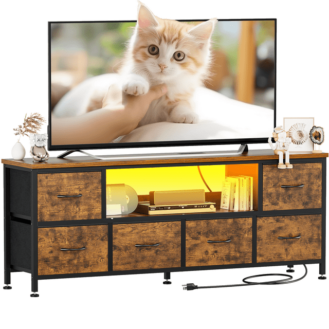GIKPAL Fits 55" TV Stand Dresser for 50" 55" TV, Dresser TV Stand for Bedroom with 5 Drawers with LED Lights & Power Outlets Long Fabric Dresser Entertainment Center, Brown