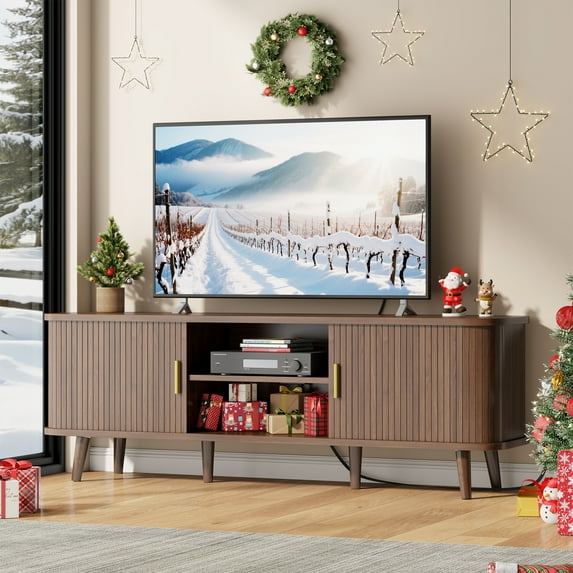GIKPAL Fluted TV Stand for 65 Inch TV – Modern Entertainment Center with Power Outlets, Adjustable Shelves & Sliding Doors, Stylish Media Console for Living Room, Walnut