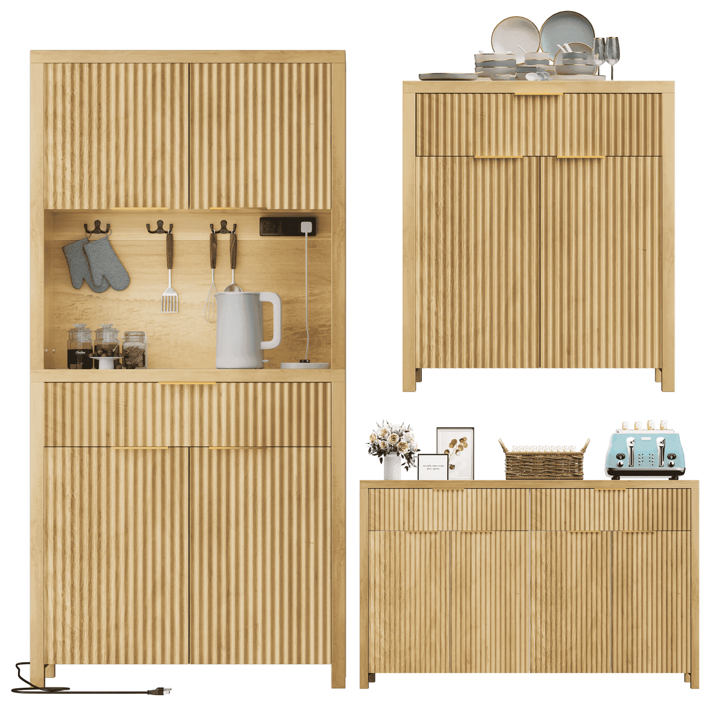 GIKPAL Pantry and Buffet 3-Piece, Include Pantry Cabinet with Outlet, 55" L Sideboard with Drawers, 28"L Buffet Cabinet with Storage, Modern Boho Kitchen Furniture, Natural Oak