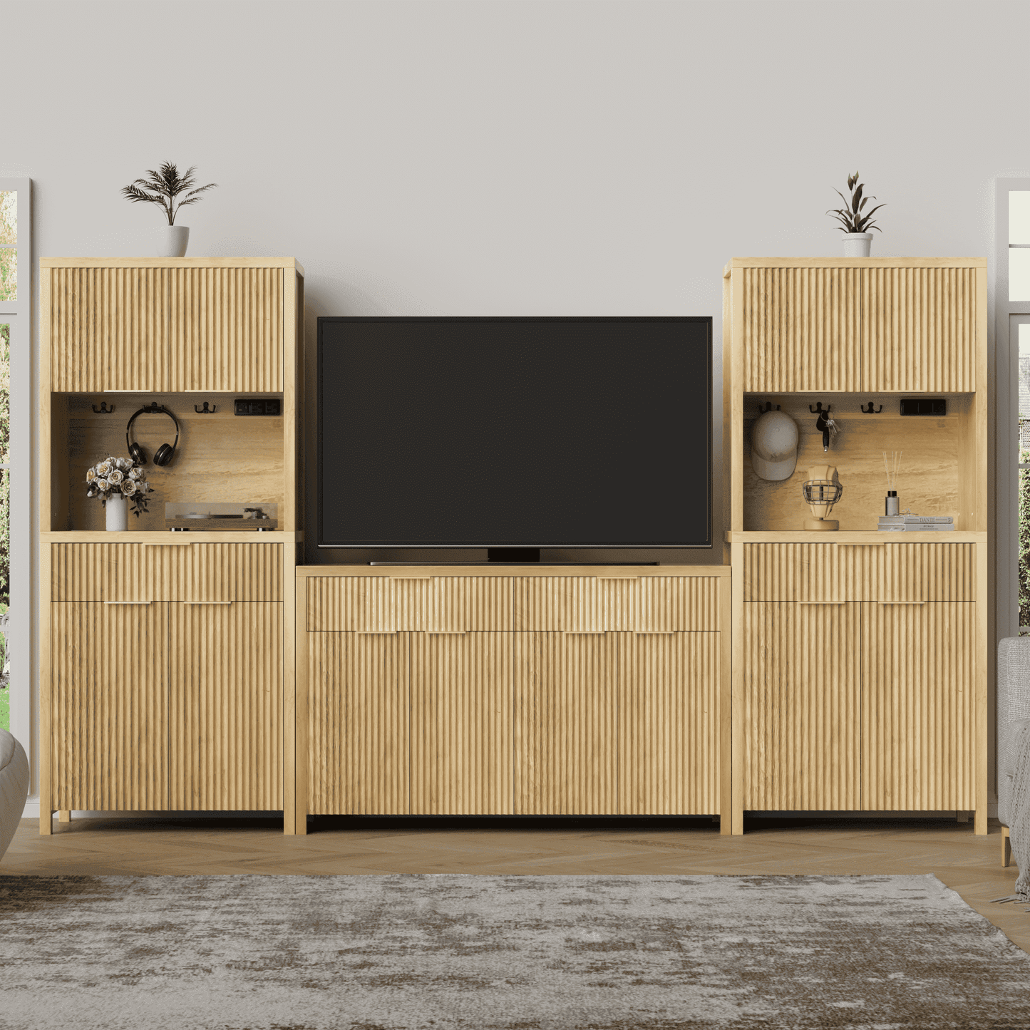 GIKPAL 3Pcs Pantry Storage Cabinet - Fluted Sideboard and Pantry Cabinet Set with Drawers, Modular Furniture Cabinet TV Stands for Living Room, Natural Oak