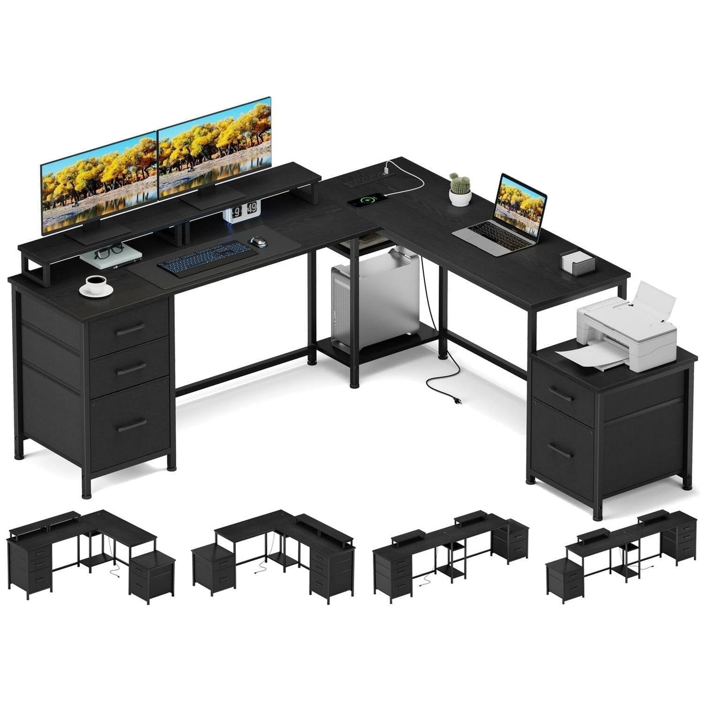 L Shaped Desk with Power Outlet and LED Lights, Corner Computer Desk with 5 File Drawer for Home Office, Gaming Desk,Black