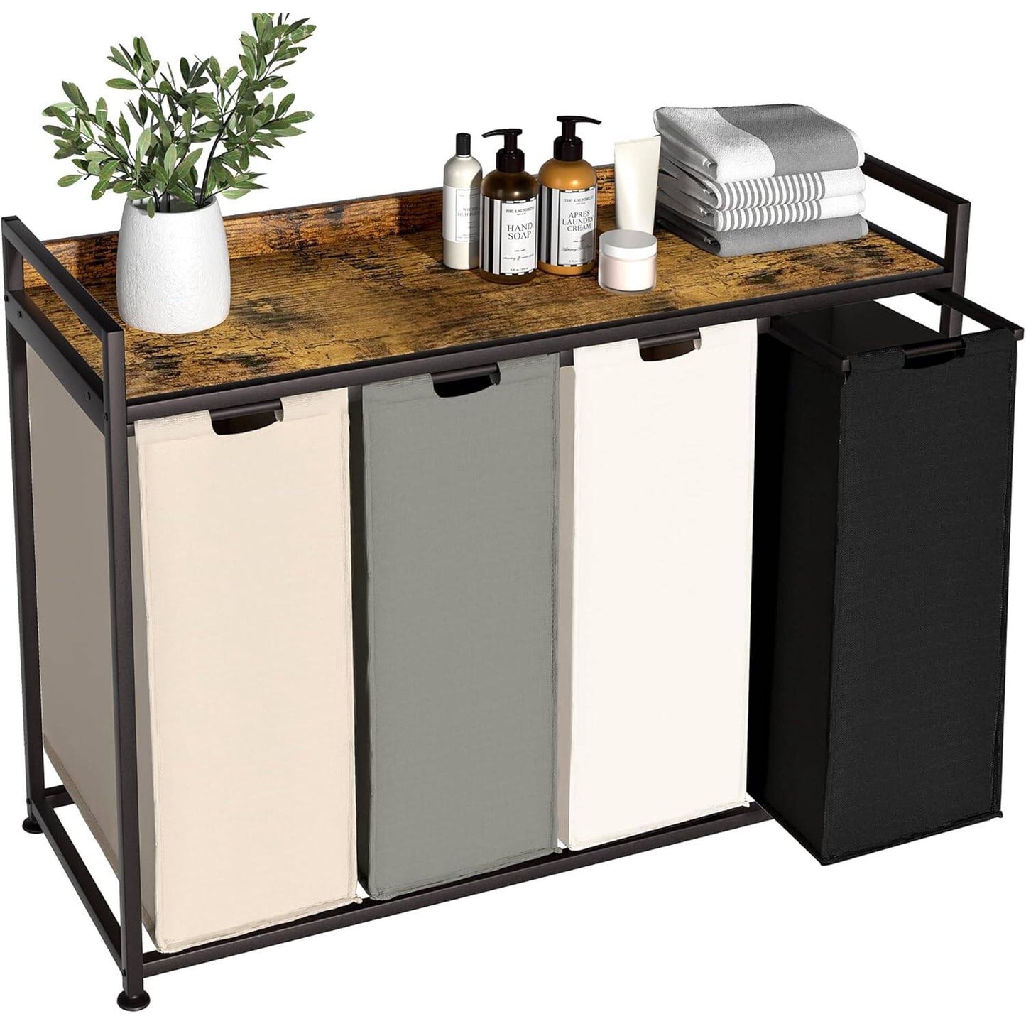 GIKPAL Laundry Basket, 156L Large Double, Freestanding Laundry Hamper 4 Section with Top Shelf & 4 Removable Washable Bags & Side Pockets for Dorm