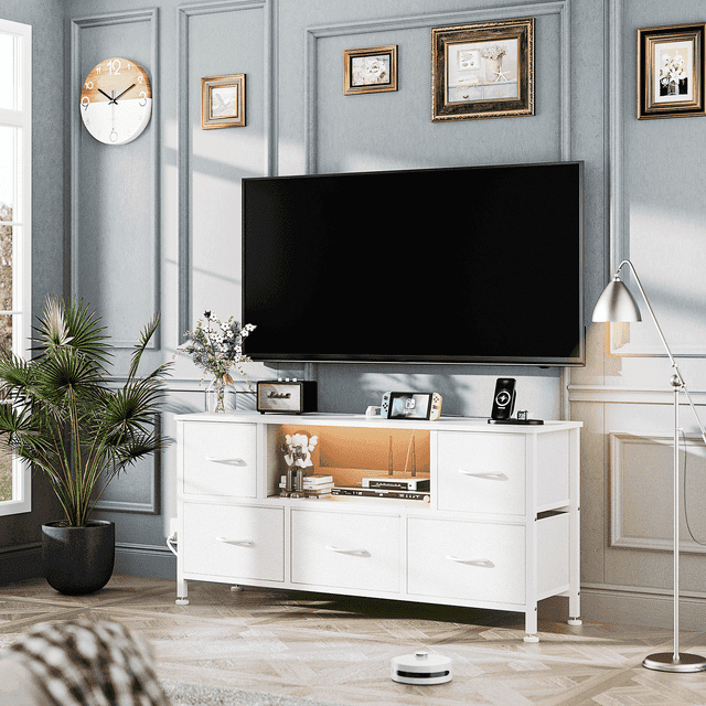 GIKPAL Fits 50" TV Stand Dresser for 45" 50" TV Dresser with 5Drawers TV Stand for Bedroom with LED Lights & Power Outlets White Dresser for Bedroom Long Dresser with PU Finish Entertainment Center