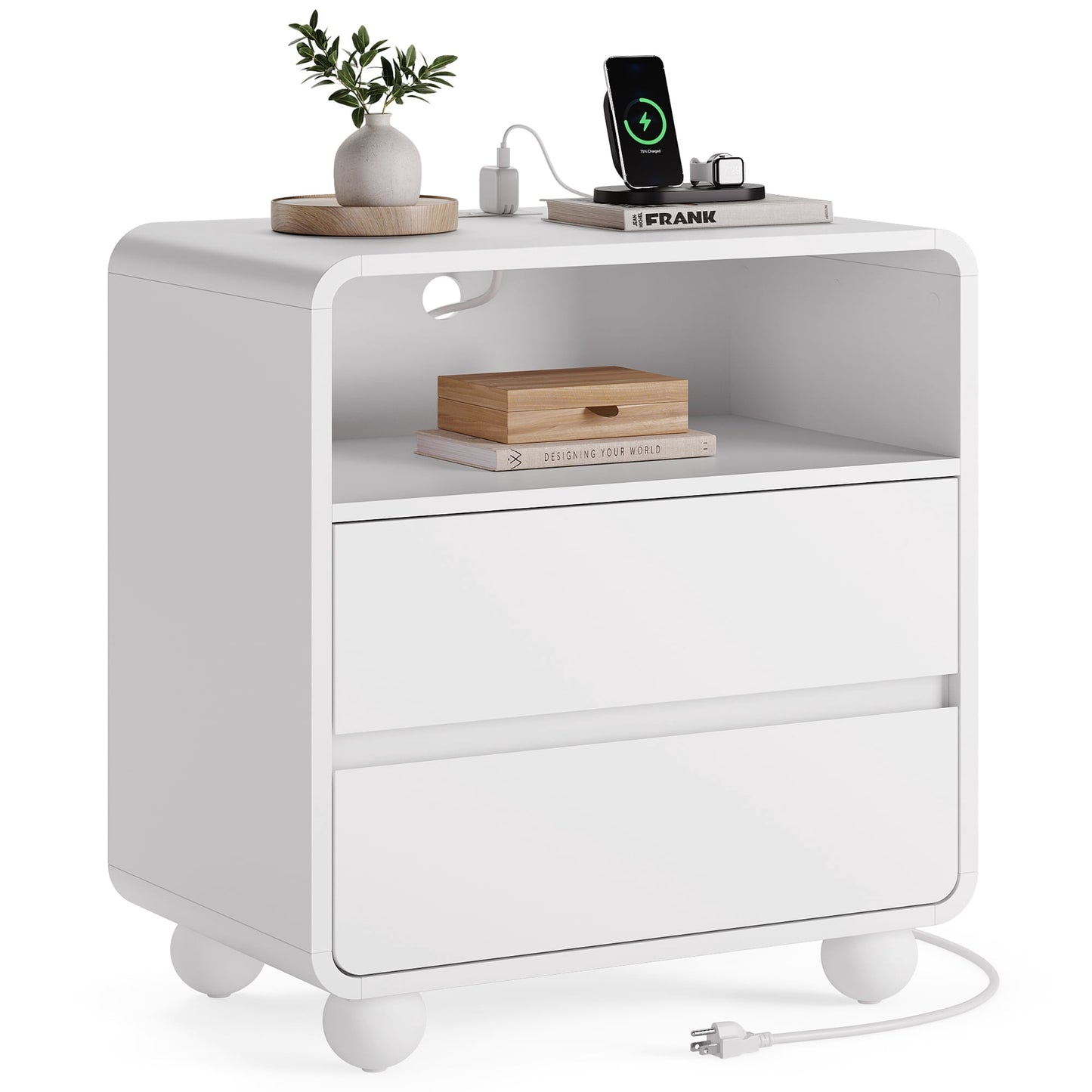 GIKPAL Modern Nightstand with Charging Station, 23.6" Wide Curved Design, 2-Drawer Bedside Table for Bedroom & Living Room, Mid-Century Style, White