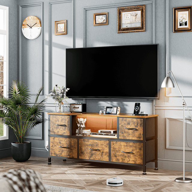 GIKPAL Fits 50" TV Stand Dresser for 45" 50" TV, Dresser TV Stand for Bedroom with 5 Drawers with LED Lights & Power Outlets Long Fabric Dresser Entertainment Center, Brown