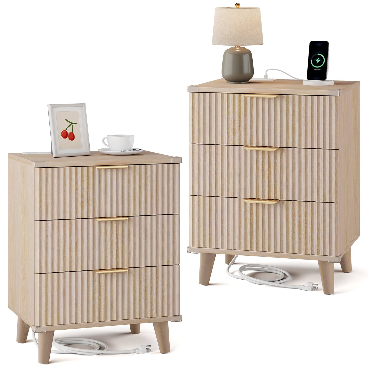 GIKPAL Night Stands for Bedroom Set of 2, Modern Bedside Table with 3 Drawers & Charging Station,Fluted Panel End Tables for Bedroom & Living Room, Natural