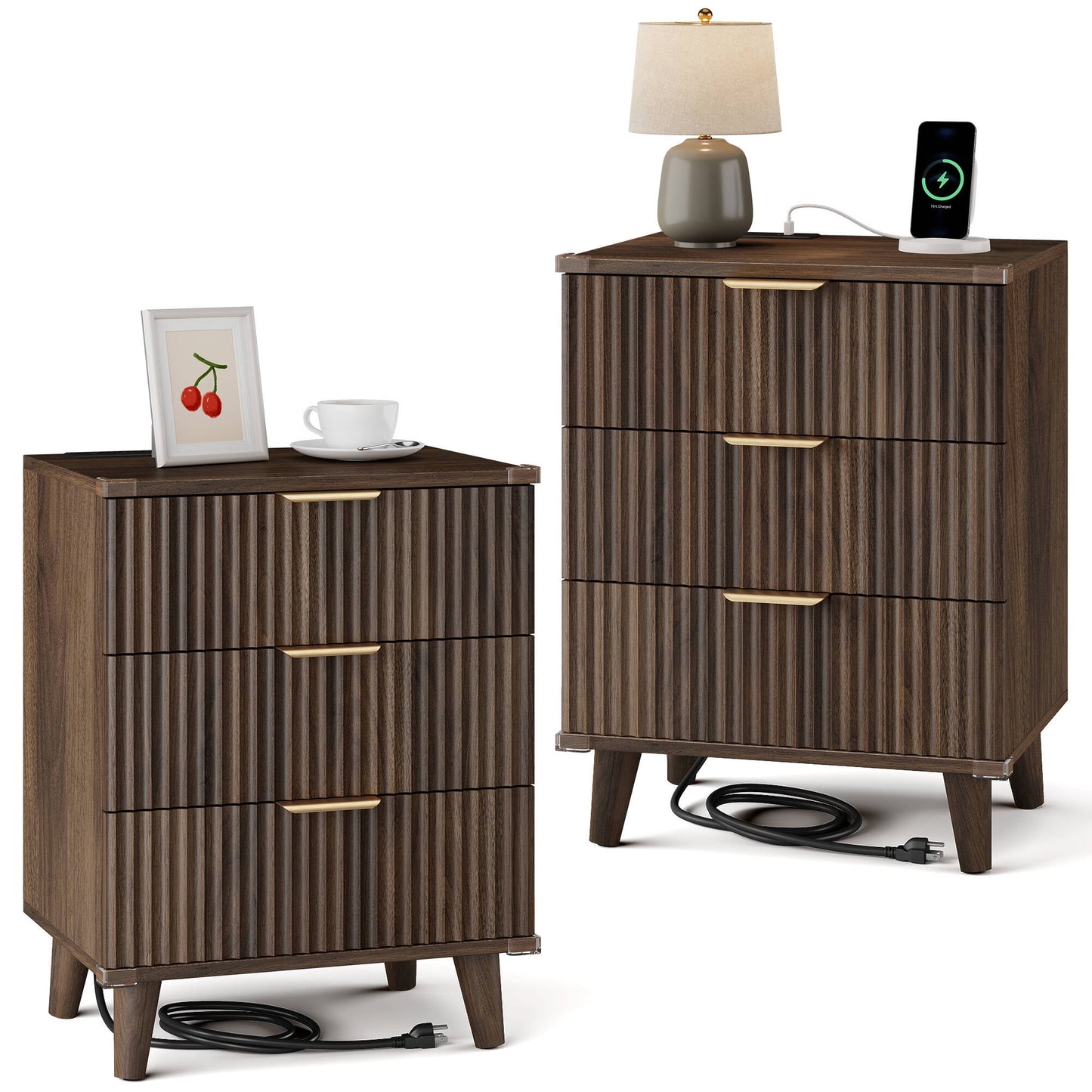 GIKPAL Night Stands for Bedroom Set of 2, Modern Bedside Table with 3 Drawers & Charging Station,Fluted Panel End Tables for Bedroom & Living Room, Walnut
