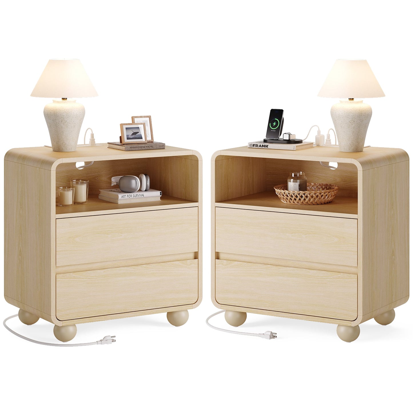 GIKPAL Nightstands Set of 2 with Charging Station, Modern Curved Profile Bedside Tables w/ 2 Drawers, Mid-Century Wood End Tables for Bedroom, Natural