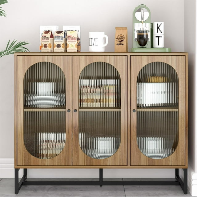 GIKPAL Sideboard Buffet Cabinet with 3 Glass Doors, Wood Kitchen Storage Cabinets with Adjustable Shelves, Pantry Cabinet for Kitchen Dining Room, Walnutcolor