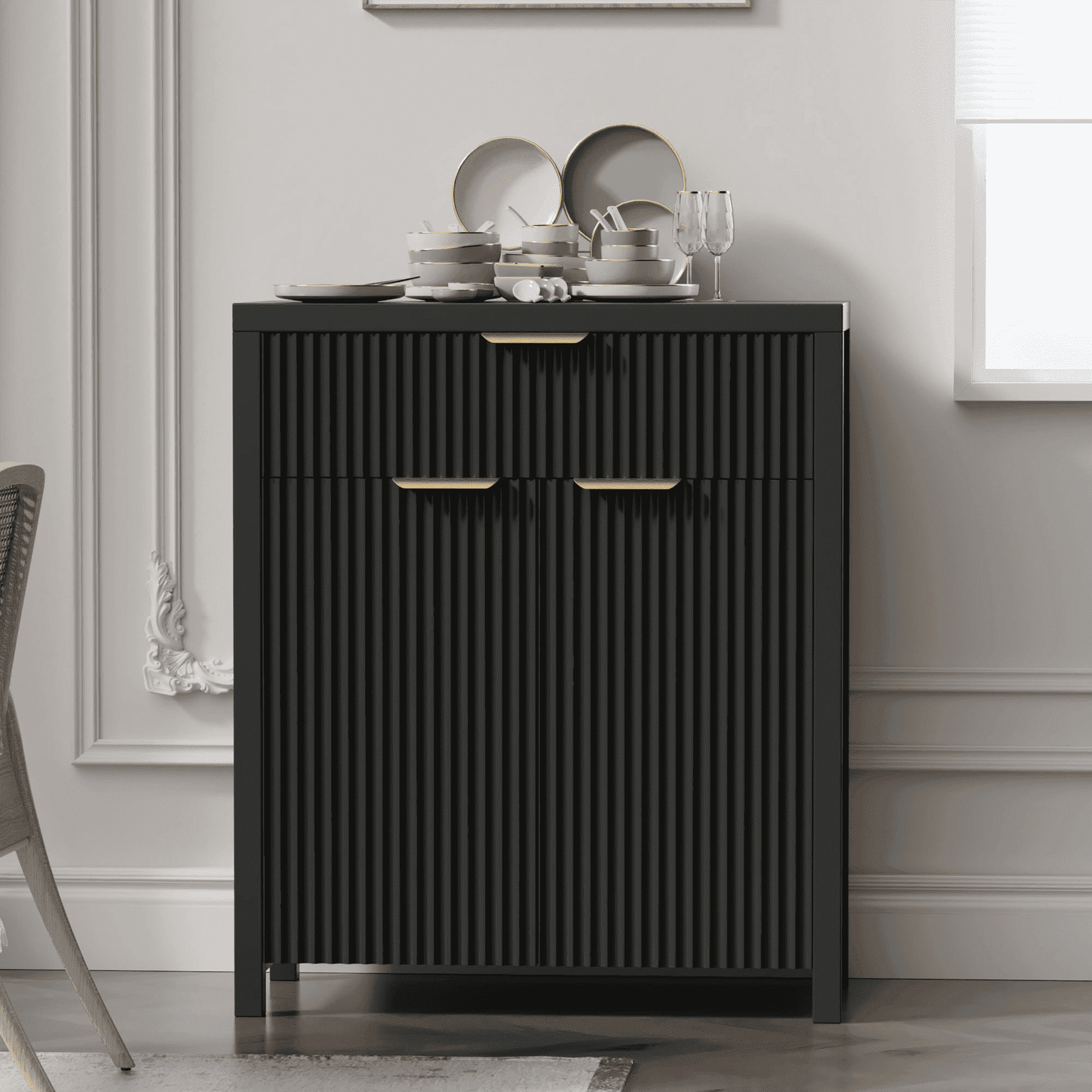 GIKPAL Sideboard Buffet Cabinet, Fluted Kitchen Storage Organizer with Adjustable Shelf and Doors, Black Modern Accent Cabinet with Storage Drawer for Dining Living Room