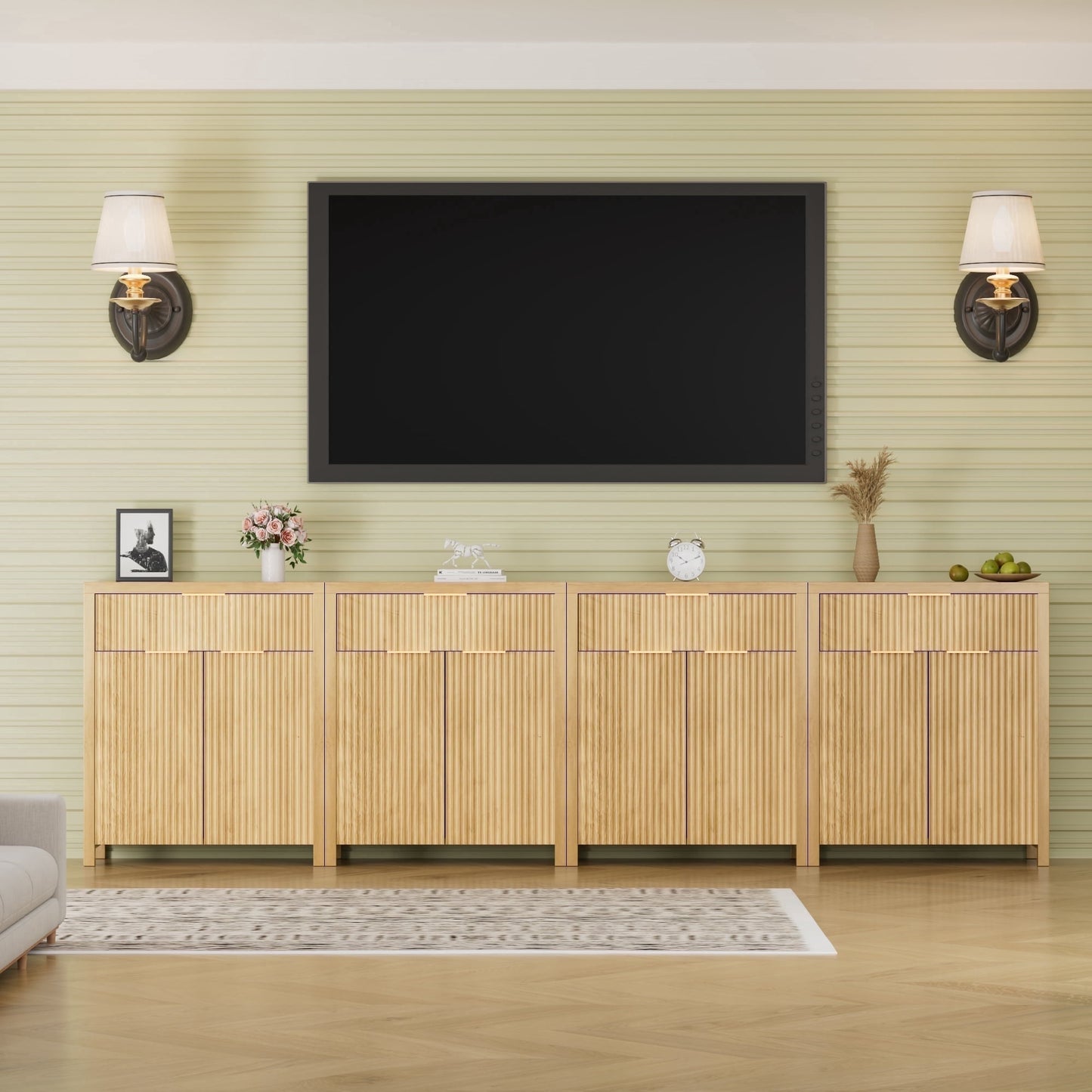 GIKPAL Sideboard Buffet Cabinet, Kitchen Storage Cabinet with Adjustable Shelves and Drawer, Fluted TV Stand for TVs, Accent Console Cabinet for Living Room, Natural Oak Set of 4